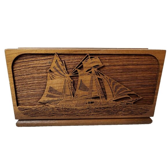 Vintage Lasercraft Wood Sailboat Napkin Holder Laser Engraved Nautical Handmade - Picture 1 of 9